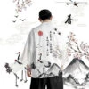 Apparel Japanese White Black Sakura Crane Mountains Mens Two-Piece Kimono Yukata Top & Pants Sets -Kawaii Store kawaiies plushies plush softtoy japanese white black sakura crane mountains mens two piece kimono yukata top pants sets kimono 511191