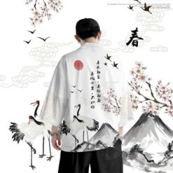 Apparel Japanese White Black Sakura Crane Mountains Mens Two-Piece Kimono Yukata Top & Pants Sets
