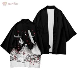 Apparel Japanese White Black Sakura Crane Mountains Mens Two-Piece Kimono Yukata Top & Pants Sets -Kawaii Store kawaiies plushies plush softtoy japanese white black sakura crane mountains mens two piece kimono yukata top pants sets kimono 546717