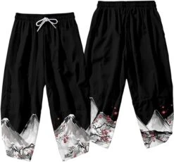 Apparel Japanese White Black Sakura Crane Mountains Mens Two-Piece Kimono Yukata Top & Pants Sets -Kawaii Store kawaiies plushies plush softtoy japanese white black sakura crane mountains mens two piece kimono yukata top pants sets kimono 569392