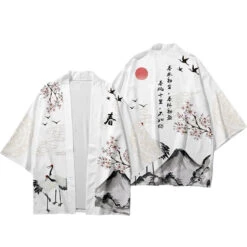 Apparel Japanese White Black Sakura Crane Mountains Mens Two-Piece Kimono Yukata Top & Pants Sets -Kawaii Store kawaiies plushies plush softtoy japanese white black sakura crane mountains mens two piece kimono yukata top pants sets kimono 927194