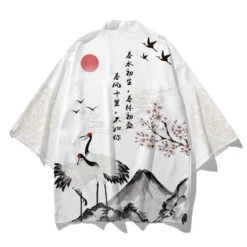 Apparel Japanese White Black Sakura Crane Mountains Mens Two-Piece Kimono Yukata Top & Pants Sets -Kawaii Store kawaiies plushies plush softtoy japanese white black sakura crane mountains mens two piece kimono yukata top pants sets kimono 940564