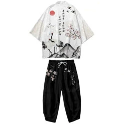 Apparel Japanese White Black Sakura Crane Mountains Mens Two-Piece Kimono Yukata Top & Pants Sets -Kawaii Store kawaiies plushies plush softtoy japanese white black sakura crane mountains mens two piece kimono yukata top pants sets kimono white m 245612