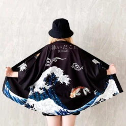 Apparel Japanese-themed Women Kimono Koi And Cranes -Kawaii Store kawaiies plushies plush softtoy japanese women kimono koi and cranes clothing golden koi 103982