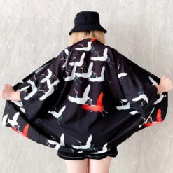 Apparel Japanese-themed Women Kimono Koi And Cranes -Kawaii Store kawaiies plushies plush softtoy japanese women kimono koi and cranes clothing siege cranes 705217
