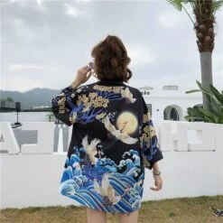 Apparel Kanagawa Wave Crane Women Kimono 6 Apparel Kanagawa Wave Crane Women Kimono -Kawaii Store kawaiies plushies plush softtoy kanagawa wave crane women kimono apparel black 425665