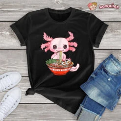 Apparel Kawaii Axolotl Enjoying Ramen Noodles Tee -Kawaii Store kawaiies plushies plush softtoy kawaii axolotl enjoying ramen noodles tee apparel 793852