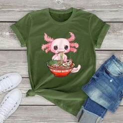 Apparel Kawaii Axolotl Enjoying Ramen Noodles Tee -Kawaii Store kawaiies plushies plush softtoy kawaii axolotl enjoying ramen noodles tee apparel army green xs 322163