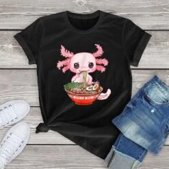 Apparel Kawaii Axolotl Enjoying Ramen Noodles Tee -Kawaii Store kawaiies plushies plush softtoy kawaii axolotl enjoying ramen noodles tee apparel black xs 407005