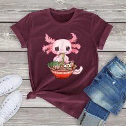 Apparel Kawaii Axolotl Enjoying Ramen Noodles Tee -Kawaii Store kawaiies plushies plush softtoy kawaii axolotl enjoying ramen noodles tee apparel burgundy xs 340844