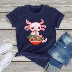 Apparel Kawaii Axolotl Enjoying Ramen Noodles Tee -Kawaii Store kawaiies plushies plush softtoy kawaii axolotl enjoying ramen noodles tee apparel navy xs 745029