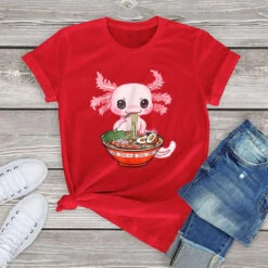 Apparel Kawaii Axolotl Enjoying Ramen Noodles Tee -Kawaii Store kawaiies plushies plush softtoy kawaii axolotl enjoying ramen noodles tee apparel red xs 357346