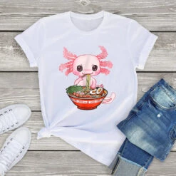 Apparel Kawaii Axolotl Enjoying Ramen Noodles Tee