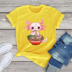 Apparel Kawaii Axolotl Enjoying Ramen Noodles Tee -Kawaii Store kawaiies plushies plush softtoy kawaii axolotl enjoying ramen noodles tee apparel yellow xs 875964