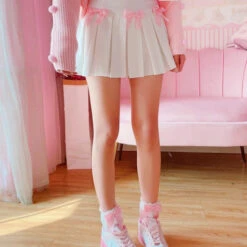 Apparel Kawaii Bow White Pleated Mini High-Waist Short Skirt -Kawaii Store kawaiies plushies plush softtoy kawaii bow white pleated mini high waist short skirt apparel 224275