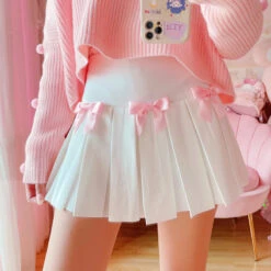 Apparel Kawaii Bow White Pleated Mini High-Waist Short Skirt