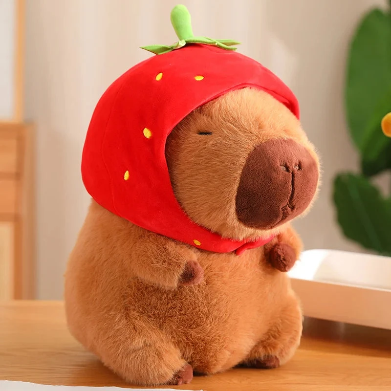 Kawaii Capybara With Strawberry Hat Plushie 3 Kawaii Capybara With Strawberry Hat Plushie