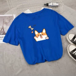Apparel Kawaii Corgi Dog Bone Print Women's Tee -Kawaii Store kawaiies plushies plush softtoy kawaii corgi dog bone print womens tee new apparel deep blue s 949782