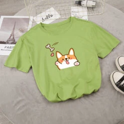Apparel Kawaii Corgi Dog Bone Print Women's Tee -Kawaii Store kawaiies plushies plush softtoy kawaii corgi dog bone print womens tee new apparel green s 822357