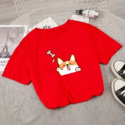 Apparel Kawaii Corgi Dog Bone Print Women's Tee -Kawaii Store kawaiies plushies plush softtoy kawaii corgi dog bone print womens tee new apparel red s 274562