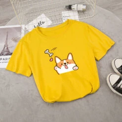 Apparel Kawaii Corgi Dog Bone Print Women's Tee -Kawaii Store kawaiies plushies plush softtoy kawaii corgi dog bone print womens tee new apparel yellow s 782402