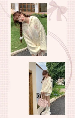 Apparel Kawaii Creamy Knit Cat Patch Zip-Up Hoodie -Kawaii Store kawaiies plushies plush softtoy kawaii creamy knit cat patch zip up hoodie apparel 529909