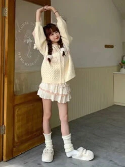 Apparel Kawaii Creamy Knit Cat Patch Zip-Up Hoodie -Kawaii Store kawaiies plushies plush softtoy kawaii creamy knit cat patch zip up hoodie apparel 640899
