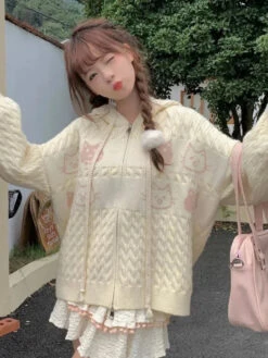 Apparel Kawaii Creamy Knit Cat Patch Zip-Up Hoodie -Kawaii Store kawaiies plushies plush softtoy kawaii creamy knit cat patch zip up hoodie apparel 754038