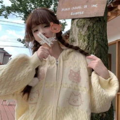 Apparel Kawaii Creamy Knit Cat Patch Zip-Up Hoodie -Kawaii Store kawaiies plushies plush softtoy kawaii creamy knit cat patch zip up hoodie apparel xl 444656
