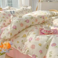 Kawaii Dreamy Floral Bunny 120gsm Polyester Bedding Set Collection -Kawaii Store kawaiies plushies plush softtoy kawaii dreamy floral bunny 120gsm polyester bedding set collection bedding sets 179127