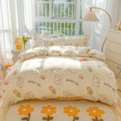 Kawaii Dreamy Floral Bunny 120gsm Polyester Bedding Set Collection -Kawaii Store kawaiies plushies plush softtoy kawaii dreamy floral bunny 120gsm polyester bedding set collection bedding sets 277552