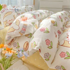 Kawaii Dreamy Floral Bunny 120gsm Polyester Bedding Set Collection -Kawaii Store kawaiies plushies plush softtoy kawaii dreamy floral bunny 120gsm polyester bedding set collection bedding sets 392544