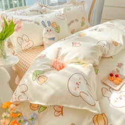 Kawaii Dreamy Floral Bunny 120gsm Polyester Bedding Set Collection -Kawaii Store kawaiies plushies plush softtoy kawaii dreamy floral bunny 120gsm polyester bedding set collection bedding sets 543752