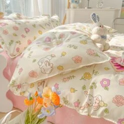 Kawaii Dreamy Floral Bunny 120gsm Polyester Bedding Set Collection -Kawaii Store kawaiies plushies plush softtoy kawaii dreamy floral bunny 120gsm polyester bedding set collection bedding sets 693888