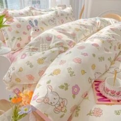 Kawaii Dreamy Floral Bunny 120gsm Polyester Bedding Set Collection -Kawaii Store kawaiies plushies plush softtoy kawaii dreamy floral bunny 120gsm polyester bedding set collection bedding sets 765453