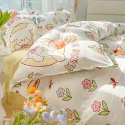 Kawaii Dreamy Floral Bunny 120gsm Polyester Bedding Set Collection -Kawaii Store kawaiies plushies plush softtoy kawaii dreamy floral bunny 120gsm polyester bedding set collection bedding sets 928989