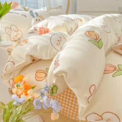 Kawaii Dreamy Floral Bunny 120gsm Polyester Bedding Set Collection -Kawaii Store kawaiies plushies plush softtoy kawaii dreamy floral bunny 120gsm polyester bedding set collection bedding sets 990646