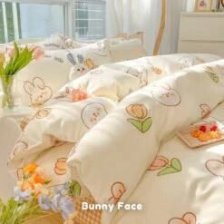 Kawaii Dreamy Floral Bunny 120gsm Polyester Bedding Set Collection -Kawaii Store kawaiies plushies plush softtoy kawaii dreamy floral bunny 120gsm polyester bedding set collection bedding sets single bunny faces 177828