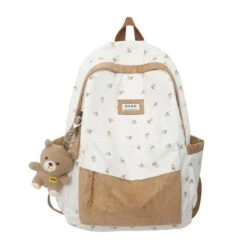 Apparel Kawaii Floral Two-tone Backpack -Kawaii Store kawaiies plushies plush softtoy kawaii floral two tone backpack with bear pendant new apparel brown 540127