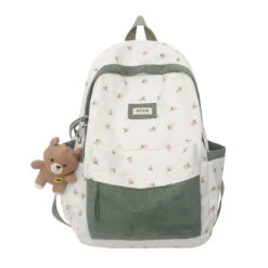 Apparel Kawaii Floral Two-tone Backpack -Kawaii Store kawaiies plushies plush softtoy kawaii floral two tone backpack with bear pendant new apparel green 462016