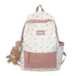Apparel Kawaii Floral Two-tone Backpack -Kawaii Store kawaiies plushies plush softtoy kawaii floral two tone backpack with bear pendant new apparel pink 457437