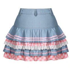 Apparel Kawaii Harajuku Japanese-themed Lolita Mini Denim Checked Women's Skirt -Kawaii Store kawaiies plushies plush softtoy kawaii harajuku japanese themed lolita mini denim checked womens skirt apparel 220871