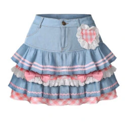 Apparel Kawaii Harajuku Japanese-themed Lolita Mini Denim Checked Women's Skirt -Kawaii Store kawaiies plushies plush softtoy kawaii harajuku japanese themed lolita mini denim checked womens skirt apparel 388462