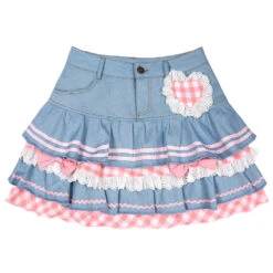Apparel Kawaii Harajuku Japanese-themed Lolita Mini Denim Checked Women's Skirt -Kawaii Store kawaiies plushies plush softtoy kawaii harajuku japanese themed lolita mini denim checked womens skirt apparel 793727