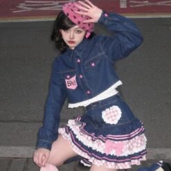 Apparel Kawaii Harajuku Japanese-themed Lolita Mini Denim Checked Women's Skirt -Kawaii Store kawaiies plushies plush softtoy kawaii harajuku japanese themed lolita mini denim checked womens skirt apparel dark s 498352
