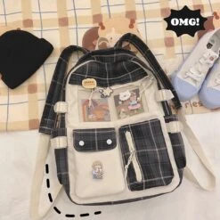 Apparel Kawaii Large Checked Multi-Pocket Backpack -Kawaii Store kawaiies plushies plush softtoy kawaii large checked multi pocket backpack with keychain new bags 105535