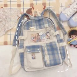 Apparel Kawaii Large Checked Multi-Pocket Backpack -Kawaii Store kawaiies plushies plush softtoy kawaii large checked multi pocket backpack with keychain new bags 136525
