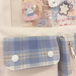 Apparel Kawaii Large Checked Multi-Pocket Backpack -Kawaii Store kawaiies plushies plush softtoy kawaii large checked multi pocket backpack with keychain new bags 275761