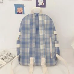 Apparel Kawaii Large Checked Multi-Pocket Backpack -Kawaii Store kawaiies plushies plush softtoy kawaii large checked multi pocket backpack with keychain new bags 487945