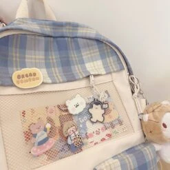 Apparel Kawaii Large Checked Multi-Pocket Backpack -Kawaii Store kawaiies plushies plush softtoy kawaii large checked multi pocket backpack with keychain new bags 806070